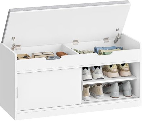 Hzuaneri Schuhbank mit Sitzfläche, Schwamm Kissen, Weiß | Schuhbank mit Stauraum, Schiebetür, Stauraum Oben, für Wohnzimmer, Foyer und Eingangsbereich, 40 x 100 x 50,5 cm, SB57903GY