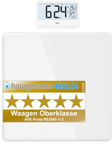 ADE Digitale Personenwaage Ronja mit Funk-Display bis 180 kg | ohne Bücken auf Augenhöhe ablesen | ideale Körperwaage für Senioren | mit Baduhr, Hygrometer, Innenthermometer | weiß