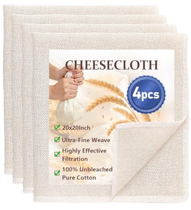 AMFUN 4PCS Etamine Alimentaire, 50 x 50cm Étamine Tissu En Coton, Lavable Toile à Fromage Coton Respirable pour Lait de Noix, Beurre, Jus, Yaourt, Thé, Tofu