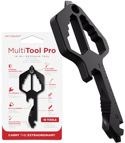 KeySmart Multitool Pro - Llavero multifunción 18 en 1 con forma de llave con forma de llave multiherramienta, llavero abrebotellas, llavero multiherramienta para hombres, llavero de equipo EDC, negro
