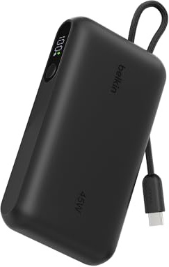 Belkin UltraCharge 10000mAh Power Bank, USB-C-Kabel und Anzeige – Schwarz | 10K Powerbank, bis zu 3 Geräte Laden (1 USB-C-Port + Kabel, 1 USB-A-Port), 45W, Geeignet für Flugreisen, Bereits Aufgeladen