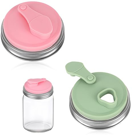 2pcs Mason Jar Drinking Lids, Stainless Steel Wide Mouth Pour Lid with Heat-Resistant Silicone Cover Straw Hole and Flip Top No Leak Mason Can Flip Cap Cover for Drinks & Coffee (Pink & Green)