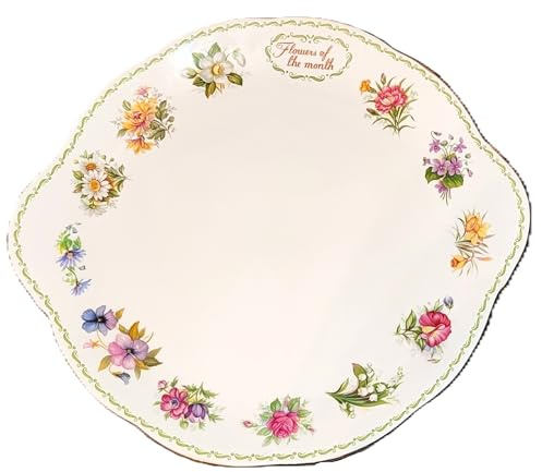 Rahm Queen's Fine Bone China - Piatto per torta Flowers of the Month – Grande piatto da portata con fiori mensili – Inghilterra – Porcellana vintage da collezione Ø circa 32 cm – Bone China England