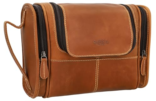 Gusti Kulturtasche Leder - Chester Schminktasche Damen Kosmetiktasche Klein Waschtasche Männer Make up Reisetasche Mini Tasche Braun Leder
