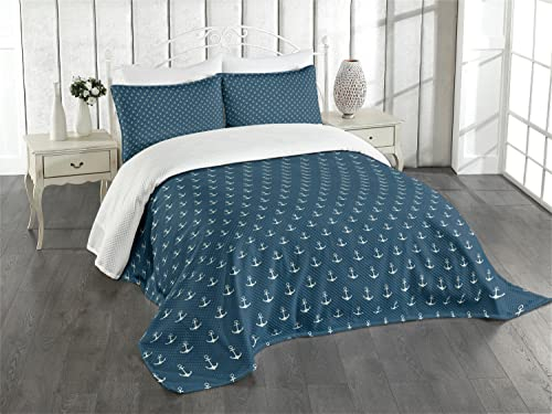 ABAKUHAUS Anker Tagesdecke Set, Nautical Simple Classic, Set mit Kissenbezügen Waschbar, für Doppelbetten 264 x 220 cm, Blau