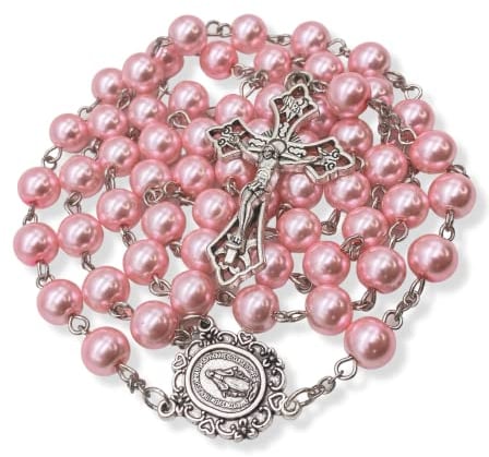 Nazareth Store – Chapelet en perles roses de 8 mm avec médaille miraculeuse et croix dans un sac en velours, 51 cm, 50 cm, Verre, Pas de gemme