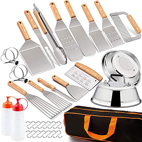 Leonyo Grillzubehör 22er Set, Flat Top Grill Zubehör Edelstahl Grillspachtel mit Burgerpresse, Metallschaber, Fischwender, BBQ Grillwerkzeug für Teppanyaki Hibachi Camping Grillen