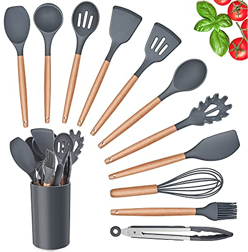 Herogo Küchenutensilien Set, 12 Stück Silikon Küchenhelfer Kochbesteck Set mit Halter, Hitzebeständig Kochgeschirr mit Holzgriff, Antihaft Pfannenwender – Grau
