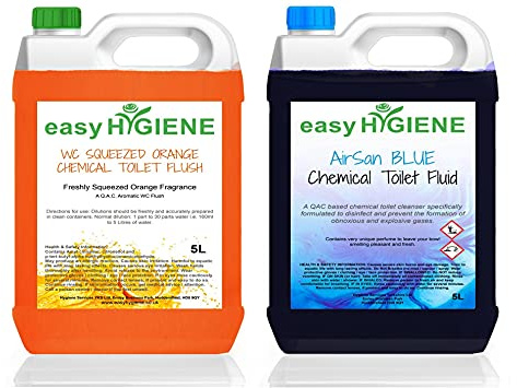 BLUE AIRsan 5L Chemical Dry Toilet Fluid Cleaner and 5L Squeezed Orange Flush Portaloo Boat Caravan WC