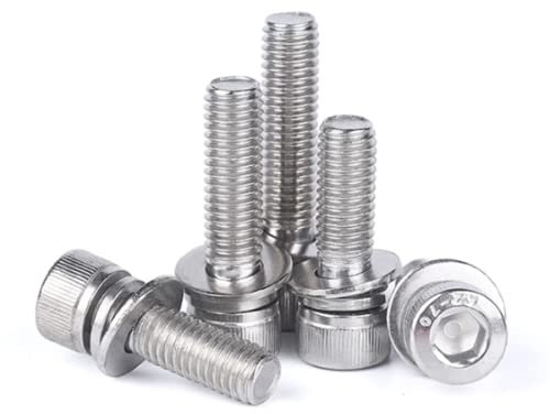 304 Edelstahl Innensechskantschraubenkombination, Zylinderkopfschraube + Unterlegscheibe + Federscheibe, Gewindedurchmesser M10, Gewindelänge 16-40mm,M10*20mm*6pcs