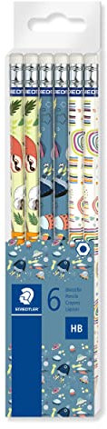 STAEDTLER Bleistift mit verschiedenen Motiven und Radiergummi, hexagonal, HB, 6 Bleistifte in transparenter Box, 172 PMTB6