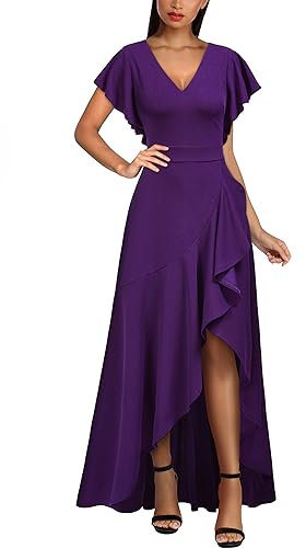 MIUSOL Women's Elegant V-Neck Ruffle Short Flutter Sleeves Empire Waist Split Evening Party Long Dress (Large, Purple)