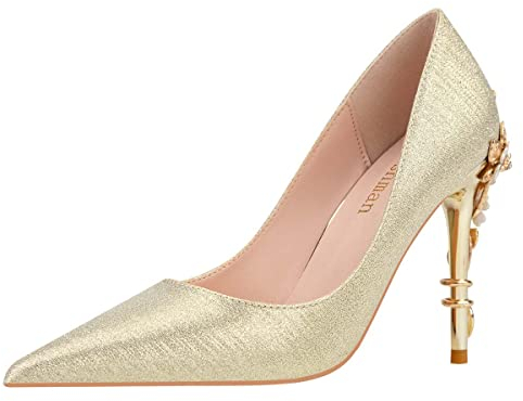 JOEupin Escarpins à talons hauts en satin à bout pointu pour femme, Or 2., 38 EU