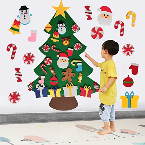 XIAOMAOMAO Filz Weihnachtsbaum, Neujahrs-Wandbehang-Dekorationen, Home Tür Wand Weihnachten Dekoration, DIY Filz-Weihnachtsbaum mit 26 Stück abnehmbaren Ornamenten