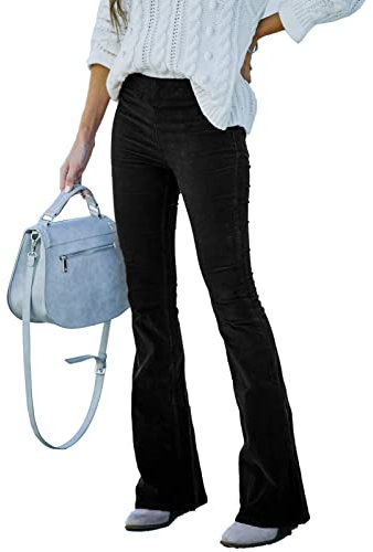 Ausla Pantaloni a Zampa di Velluto a Coste da Donna Pantaloni Alta con Cerniera Laterale in Vita Alta(S-Nero)