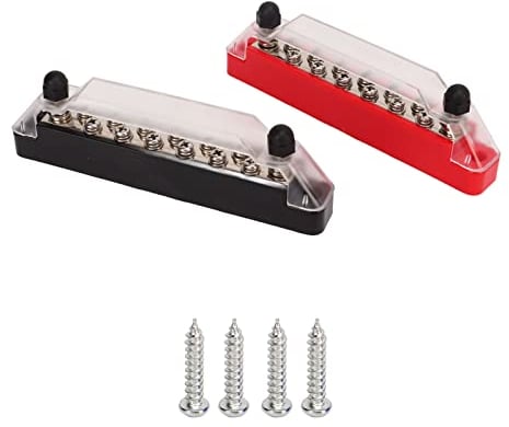 Qiilu Klemmenblock Sammelschiene 2 Stück 14-poliger Stromverteilerblock, Stromschienen-Set, 2 X M6-Pfosten, 12 X M4-Schraube, Batterieklemmenkasten mit Abdeckung(Ohne Klemmen)