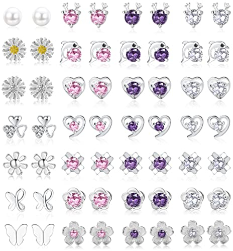 YADOCA 28 Paar 925 Sterling Silver Ohrstecker Set für Damen Mädchen Zirkonia Ohrring Perle Herz Delphin CZ Elch Blume Schmetterling Ohrringe Kinder Kleine Knorpel Ohrstecker