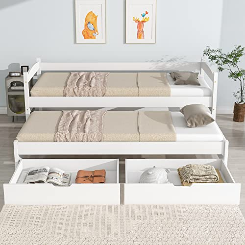 KecDuey Cama individual y doble, cama deslizante con ruedas inferiores, con 2 cajones de MDF, marco de madera maciza, blanco (200 x 90 cm/190 x 90 cm)