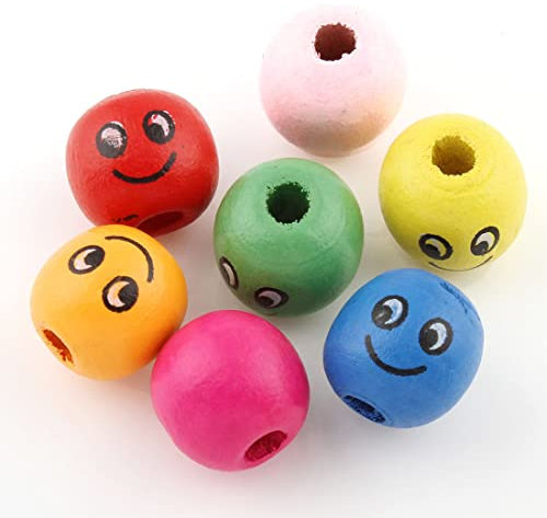 30 Stück Holzperlen 14mm Smiley-Gesicht Holzkugeln Gemischte Farbe Set Bunte zum Basteln 3mm mit loch