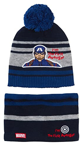 Marvel Boys Bobble Hat + Snood Luxury Kintted Winter Set Captain America or Black Panther Set