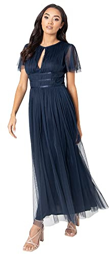 Anaya with Love Ladies Midaxi Dress for Women High Waist Keyhole Short Flutter Sleeve Crew Neckline for Wedding Guest Bridesmaids Prom Navy Blue Size 30