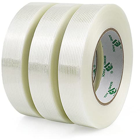 BOMEI PACK 3 Pack Mono Filament Tape Fiberglass Reinforced Strapping Tape 150mic x 25mm x 50m for Heavy Duty Moving boxes Packing Tape Stright Line Sticky Strong Tape