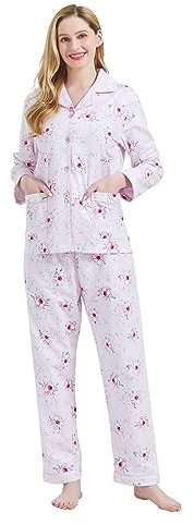 Amaxer Ensemble de Pyjamas Chauds en Flanelle pour Femmes 100% Coton Ensembles de Pyjamas d'automne et d'hiver, Fleurs Roses avec des Nuances de Rose, M