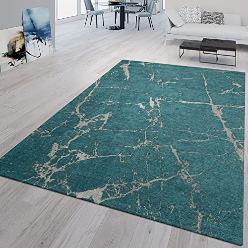 Wohnzimmer Teppich Kurzflor Marokkanisches Design Abstrakt Used Look Ornamente, Farbe: Türkis, Größe:120x170 cm