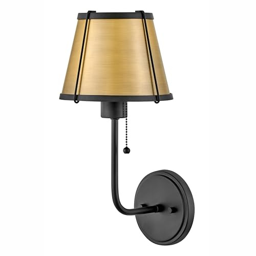 Hinkley Clarke Single Light Wall Sconce, Lacquered Dark Brass Metal Tapered Shade, Traditional, On/Off Pull Chain, Black Finish