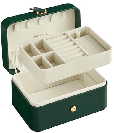 SONGMICS Schmuckkästchen Reise, Schmuckkasten klein, 2 Ebenen Schmuckaufbewahrung, tragbar, Schmuck-Reiseetui, für größere Accessoires, 11 x 16 x 8 cm, Geschenkidee, waldgrün JBC166C01