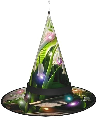 ZISHAK Hexenhut mit Glocken-Orchideen-Druck, beleuchtetes Zubehör, perfekt für Partys und Rollenspiele