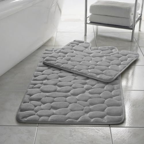 H&F Blocks Bath Memory Foam Bathroom Mat Set 2 Piece Soft Non-Slip Bath Mat 50x80cm and 50x40cm Machine Washable Pedestal Bathroom Rug Extra Absorbent Quick Drying Bathroom Floor Mats (Silver)