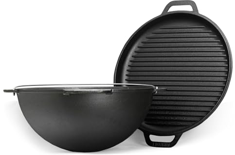4BIG.fun Kazan Marmite en fonte 10 l Kazan en fonte avec couvercle Poêle à griller en fonte avec couvercle – Poêle à frire Grill Dutch Oven Tatarskij Wok Cuisine extérieure Asie Barbecue wok
