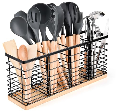 Gflyyue Grand porte-ustensiles pour comptoir de cuisine, grand pot à ustensiles en acier inoxydable noir avec base en bois, tapis antidérapant, 4 compartiments, organisateur d'ustensiles de cuisine (4
