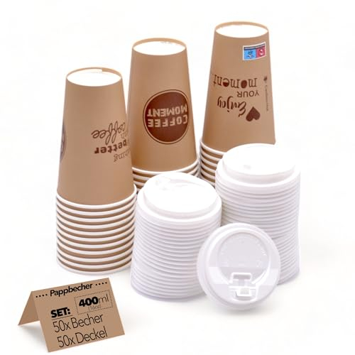 CLEARFEE Premium Pappbecher Kaffeebecher 400ml | 0,4l - 16oz groß | Gastro Qualität | Einwegbecher Coffee to go Becher für heißen und kalten Getränken (50 Becher + 50 Deckel)