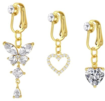 MODRSA 14G Faux Piercing Nombril Acier Chirurgical Papillon Forme Cœur CZ Faux Percing au Nombril Or Piercing Nombril Anneau Clip on pour Femmes
