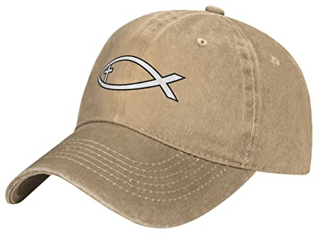 bradkke Hut Ichthus mit Kreuz, christliches Fisch-Symbol, Cowboyhut, Baseballkappe, für Herren und Damen, Trucker-Mütze, Papa-Cap, Angelhut, natur, One size