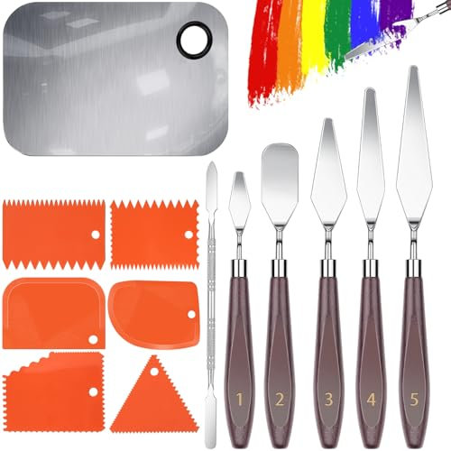 13Stück Spachtel Set für Strukturpaste Acrylmalerei Leinwand 5 Malmesser 6 Abstreifermesser Acryl Edelstahl Palette Malen Set Texture Paste Palette Messer für Ölgemälde Gouache Aquarell Künstlerbedarf
