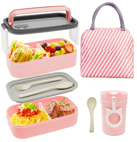 Koytoy 1400ML Bento Lunch Box with Cutlery,2 Layer Leak Proof Bento Box with Insulated Bag and Bottle,Lunch Box with Compartments,Lunch Box Bento Boxes for Kids Adults School Office Picnic(Pink)