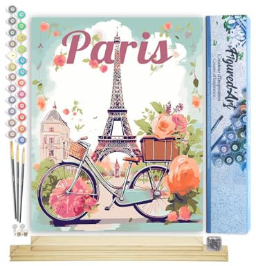 Figured'Art Peinture par Numéro Adulte avec Cadre Affiche de voyage Paris en fleurs - Activité Manuelle Kit de Loisir Créatif DIY Numéro d'Art Complet - 40x50cm avec châssis en bois à monter