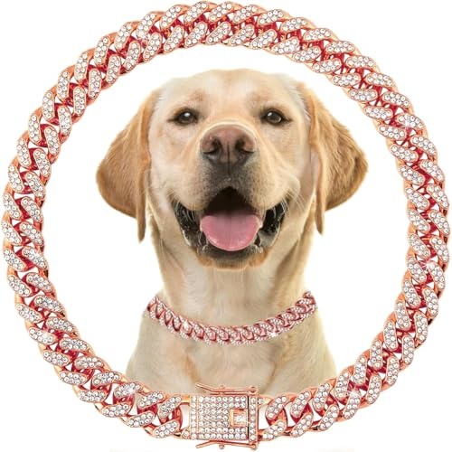 Roségoldene Hundekette mit Glitzer, glitzerndes Diamant-Metall, kubanische Glieder-Hundehalsbänder, Strass-Glitzer, Welpen-Halskette für kleine, mittelgroße und große Haustiere, Hunde und Katzen, 50,8