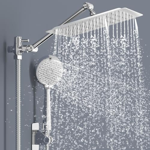 Soffione Doccia Grande 24 x 24 CM, Set Doccia con Soffione e Doccetta, Soffione Doccia Quadrato, Soffione Doccia Regolabile a 9 Impostazioni con Supporto/Tubo Flessibile, Altezza/Angolo Regolabile