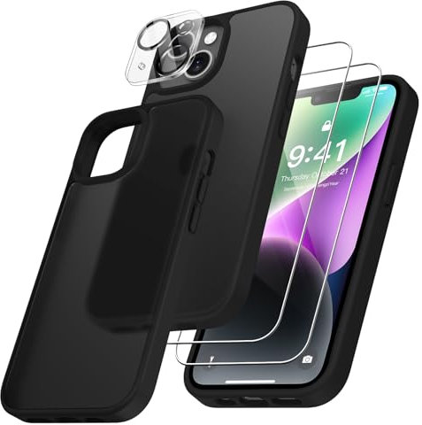 FLLAO 4 en 1 Coque pour iPhone 14 avec 2 Verre Trempé et 1 Caméra Protecteur, [Coussin d'air Intégré] Antichoc Antirayures Bumper Protection Housse pour iPhone 14 6.1, Noir Vintage