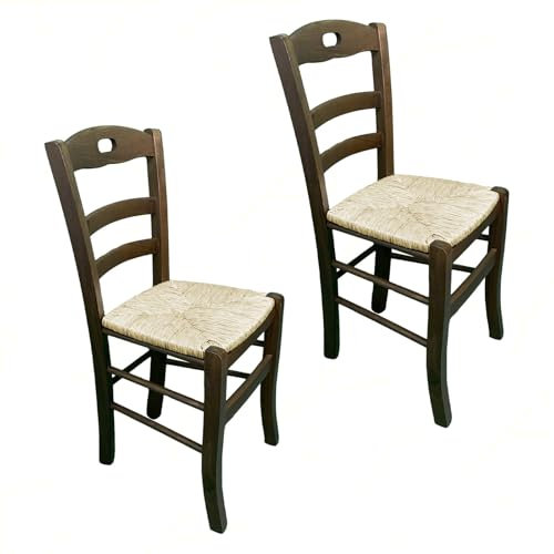 Sicignano Lot de 2 chaises Lory en bois massif noyer avec assise en paille, 46 x 39 x 87 cm, artisanal, convient pour cuisine restaurant Pizzeria, fabriqué en Italie