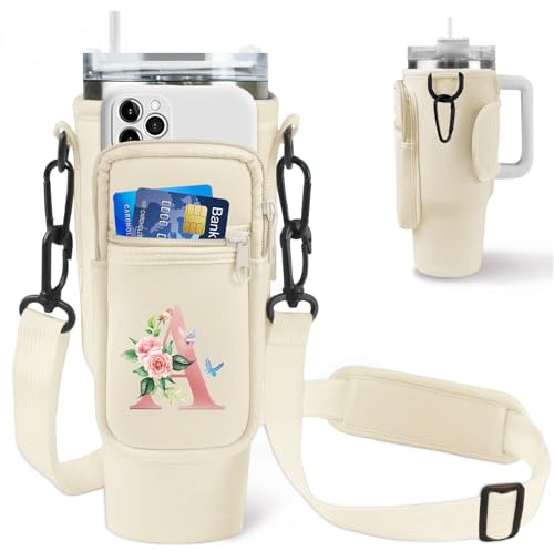 Aganmi Einzigartige Geburtstagsgeschenke für Frauen, Teenager, Mädchen, ihre Initiale Wasserflaschen-Tragetasche mit Handyfach für Stanley 1,2 l Tumbler Stanley Cup Zubehör Wasserflaschenhalter mit