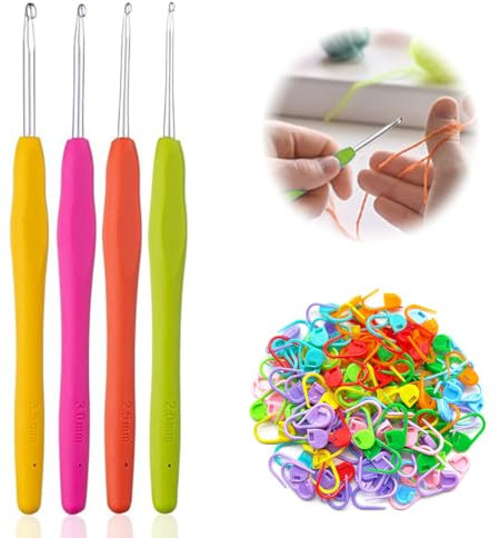 BQRKOTM 4 Stück Häkelnadel Set Mit Ergonomischem Softgriff Für Unvergleichlichen Komfort, Inklusive 50 Maschenmarkierern - Perfekt Für Anfänger Und Erfahrene Häkelliebhaber