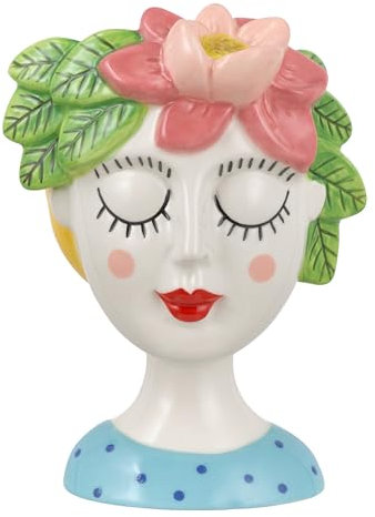 Baroni Home Jarrón de Cerámica con Cara, Pintado a Mano, Adorno Moderno, Jarrón para Plantas de Interior o Exterior, Jarrón Decorativo, 12,3x11,2x17,5 cm (Magnolia, Grande)