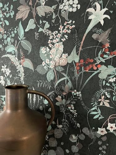 Newroom Tapete Schwarz Vliestapete Dschungel - Mustertapete Modern Grün Rot Blumen Blätter Blumentapete Tropisch Dschungeltapete Regenwald inkl. Tapezier-Ratgeber