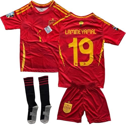 Boriverae Yamal #19 Espagne Maillot pour enfant 2025 à domicile Rouge Jaune - Maillot avec short et chaussettes - Nouvelle saison - Taille adolescente - Maillot de fan pour enfants (4-13 ans), rouge