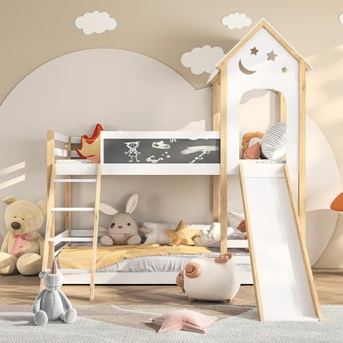 Liuyoyo Lit Double Mezzanine avec Toboggan, lit loft Bas avec escalier, Jumeaux en Bois sur Deux Lits,superposés en Bois Massif avec échelle et Garde - Corps de sécurité